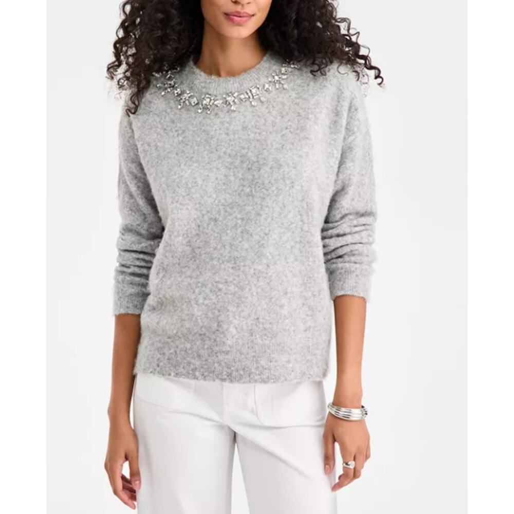 On 34th Women's Embellished Brushed PulloverSweater Grey XL